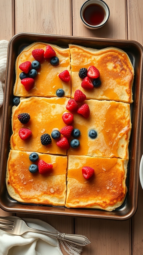 Fluffy sheet pan pancakes topped with berries and syrup on a wooden table.